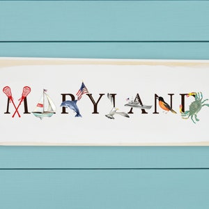 Maryland ~ Bloque de madera ~ Decoración de la pared de la oficina ~ Arte ilustrado ~ velero ~ cangrejo ~ Regalo de graduación