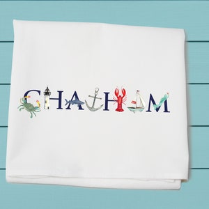 Chatham Massachusetts souvenir, flour sack towel, Illu-stated watercolor art, Decorative  towel ~