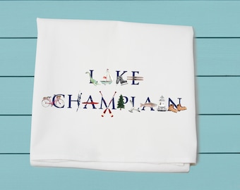 Lake Champlain Flour Sack Towels for kitchen and bar, souvenir of New York, Illu stated original art by Tina Labadini Design, all cotton