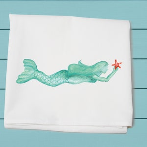 mermaid, flour sack towel, kitchen and bar towel, summer decor, ocean life, beach decor