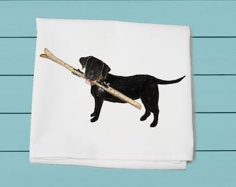 black lab with skis flour sack towel ~ winter decor ~ hand towel ~ cotton towel