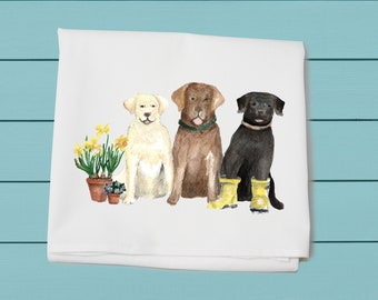 three labs with daffodils ~ Flour Sack Towel ~ Decorative towel ~ Spring decor ~ cotton towel ~ Kitchen decor ~ Easter