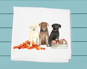 three labs with fall leaves and apples, flour sack towel, happy fall y'all, autumn decor, Thanksgiving, hostess gift, dog lovers