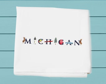 Michigan Flour Sack Towels for kitchen and bar ~ Illu-stated art on 100% cotton hand towel