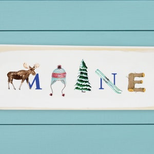 Maine ~ Winter ~ Wood Block ~ Iconic Maine art ~ wall decor ~ Illu-stated art of Maine ~ graduation gift ~ Maine State