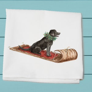 black lab on sled flour sack towel ~ winter decor ~ hand towel ~ cotton towel