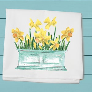 yellow daffodils in flower box, flour sack towel, Tina Labadini Design, decorative towels, kitchen and bar cotton towel, gift for her
