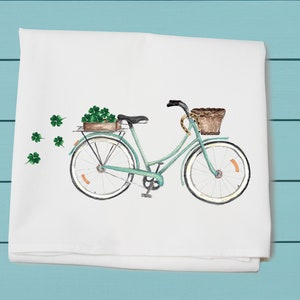 St Patrick's day Bike with Shamrocks ~ flour sack towel ~ Kitchen and bar towel