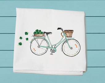 St Patrick's day Bike with Shamrocks ~ flour sack towel ~ Kitchen and bar towel