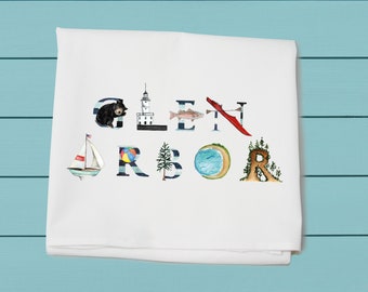 Glen Arbor, flour sack towel, Michigan souvenir, decorative towel, kitchen and bar towel, Great Lakes