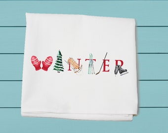 winter flour sack towel, winter decor, illu-stated, Tina Labadini Designs, Decorative  towel, winter decor, cotton  towel, Christmas gift,