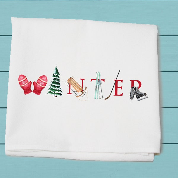 winter flour sack towel, winter decor, illu-stated, Tina Labadini Designs, Decorative  towel, winter decor, cotton  towel, Christmas gift,