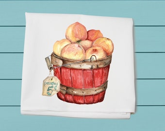 bushel of peaches, flour sack towel, kitchen towels, fruit, summer living, hostess gift