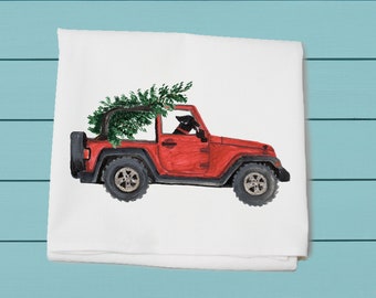 red jeep with lab flour sack towel ~ winter decor ~ hand towel ~ cotton towel