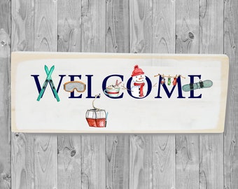 Welcome Ski and Winter style,  wall decor, Wooden block