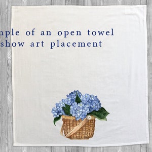 May include: A white kitchen towel with the text "Sample of an open towel to show art placement" printed in blue. A watercolor painting of a basket of blue hydrangeas is centered on the towel.