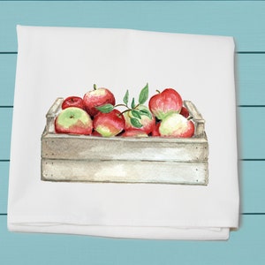 fall seasonal tea towel, all cotton farm house design dish towel, hand  towel in fall decor, shiny red apples, Vintage look, apples in crate