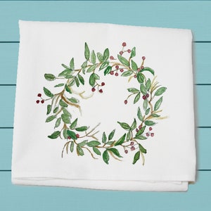 Christmas wreath with berries, flour sack towel, oven door kitchen hanging towel, Christmas gift, cotton towel, winter decor, gift for her