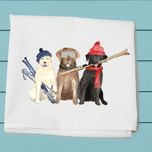 three labs skiing flour sack towel , Christmas gift for dog owner, Labrador, 100 %cotton machine washable,  dish towel,