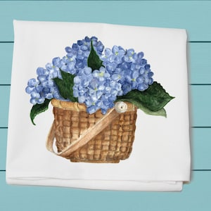 hydrangeas in nantucket basket, kitchen cotton towel, flour sack towel, summer decor, decorative towel, floral towel, gift for her