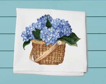 hydrangeas in nantucket basket, kitchen cotton towel, flour sack towel, summer decor, decorative towel, floral towel, gift for her