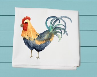 May include: Watercolor painting of a rooster with a blue, green, and yellow tail feathers. The rooster has a red comb and wattle.