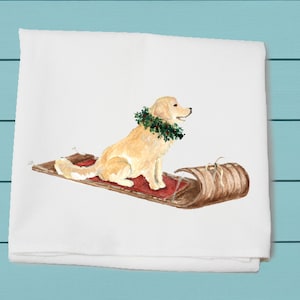 golden retriever on sled flour sack towel, dog owner, Christmas gift, hand towel, cotton towel, winter decor,