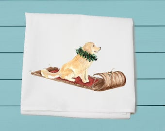 golden retriever on sled flour sack towel, dog owner, Christmas gift, hand towel, cotton towel, winter decor,