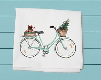 Christmas bike flour sack towel ~ bike ~ winter decor ~ hand towel ~ cotton towel