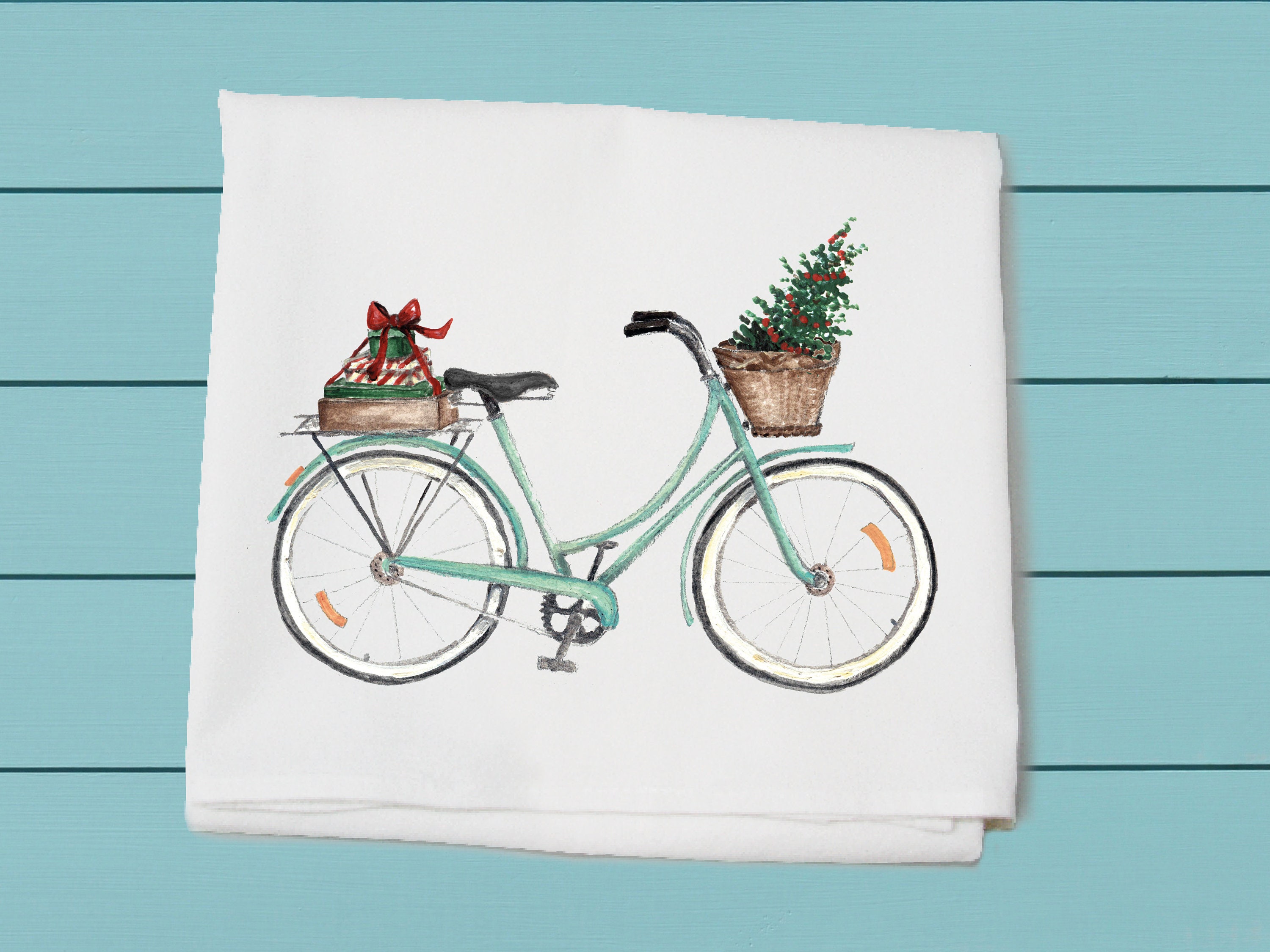 Embroidered tea towels cute bicycle and flowers