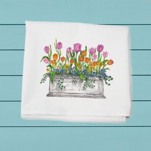 tulips in window box, flour sack towel, Mother&#39;s Day gift
