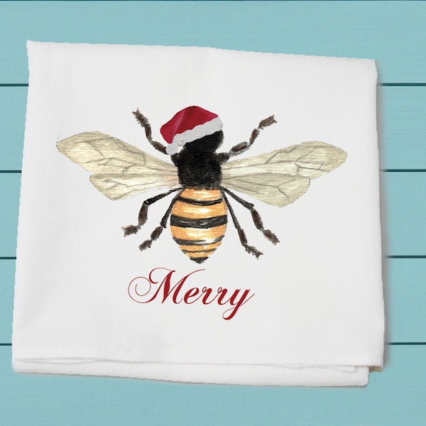 bee merry Christmas, flour sack towel, kitchen and bar, winter decor, hand towel, cotton towel, Christmas