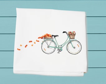 bike with autumn leaves falling, flour sack towel, autumn decor, Thanksgiving, hostess gift, cotton towels