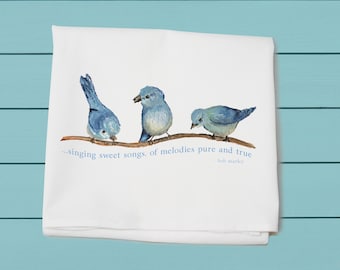 three little birds, singing sweet songs of melody pure and true - Bob Marley quote, flour sack towel, spring decor