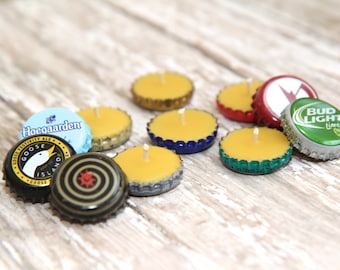 Beeswax Bottle Cap Candles, clean burning, beer, tea lights, home decor, natural, ecofriendly, man cave, gifts for him