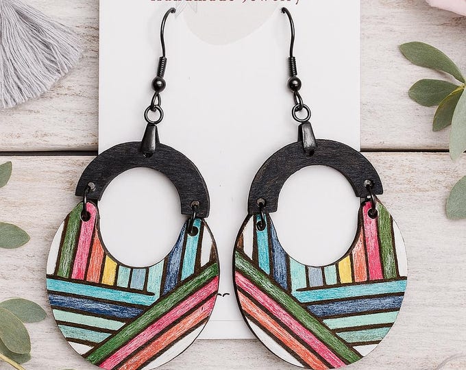 Hand-Painted Geometric Boho Lines Leather Earrings