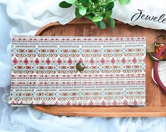 Southwest Aztec Pattern Faux Leather Wristlet Wallet – Snap Closure – Jeweled Art Handmade