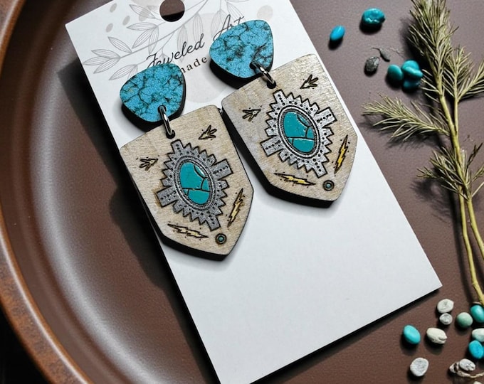 Turquoise Aztec Wood Shield Earrings – Southwestern Statement