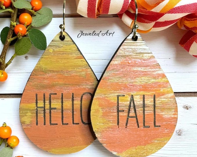 Measure picture Hand-Painted Hello Fall Wooden Teardrop Earrings
