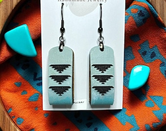 Hand-Painted Aztec Turquoise Ombre Leather Loop Earrings