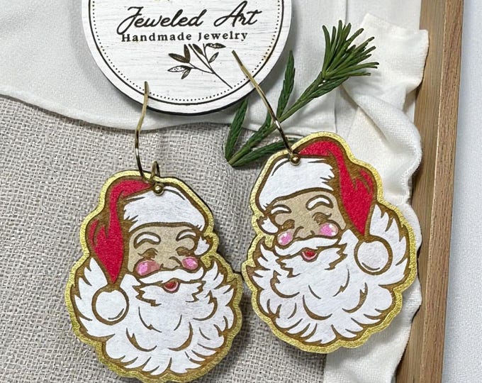 Hand-Painted Vintage Santa Wooden Engraved Earrings – Jeweled Art Handmade
