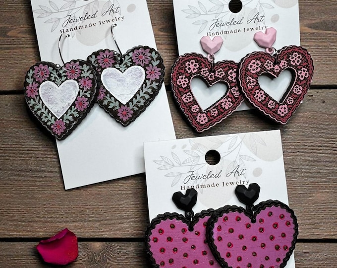 Hand-Painted Romantic Decorated Cookie Hearts Wood Engraved Earrings