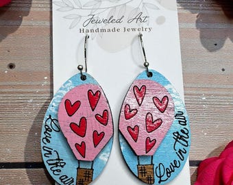 Hand-Painted Love in the Air Balloon Layered Wood Engraved Earrings