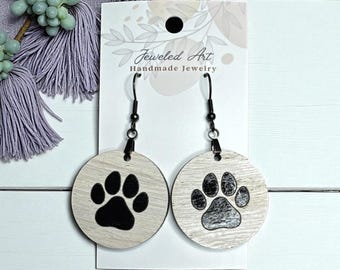 Hand-Painted Black Paw Print and Whitewash Dangle Earrings