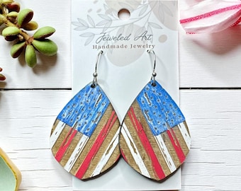Hand-Painted Distressed USA Flag Wood Earrings – Americana