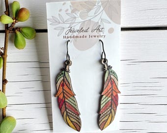 Boho Feather Wood Earrings