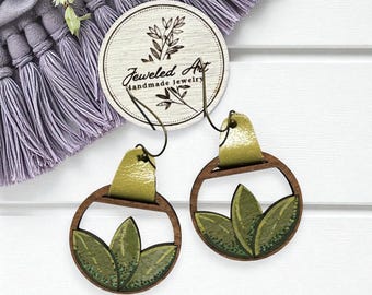Hand-Painted Green Leaf Circle Drop Wood and Leather Earrings