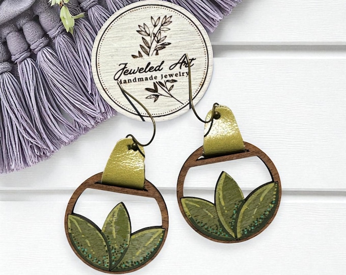 Hand-Painted Green Leaf Circle Drop Wood and Leather Earrings