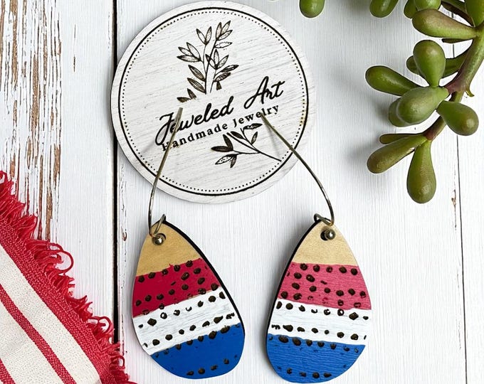 Hand-Painted Red, White & Blue Dotted Stripe Teardrop Earrings – Americana