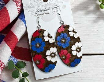 Hand-Painted Red, White and Bloom Oval Earrings – Americana
